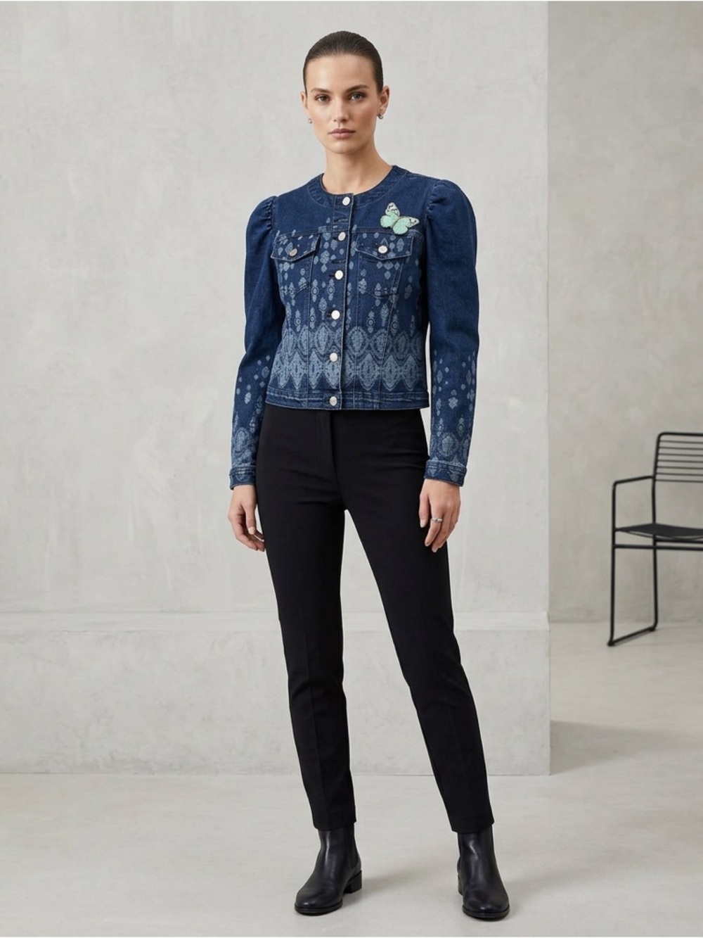 VENUS puff sleeve denim Medium Blue Denim Jacket with white pattern & Butterfly